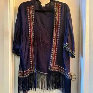 Hot & Delicious Women’s Embroidered Fringe Open Front Jacket M Navy 100% Viscose